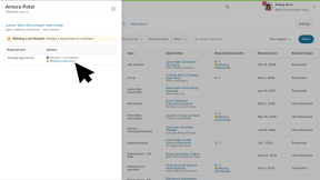 The Student requests page with the Required documents side panel open for a student. There is a missing participant. The cursor is clicking the Missing supervisor link.